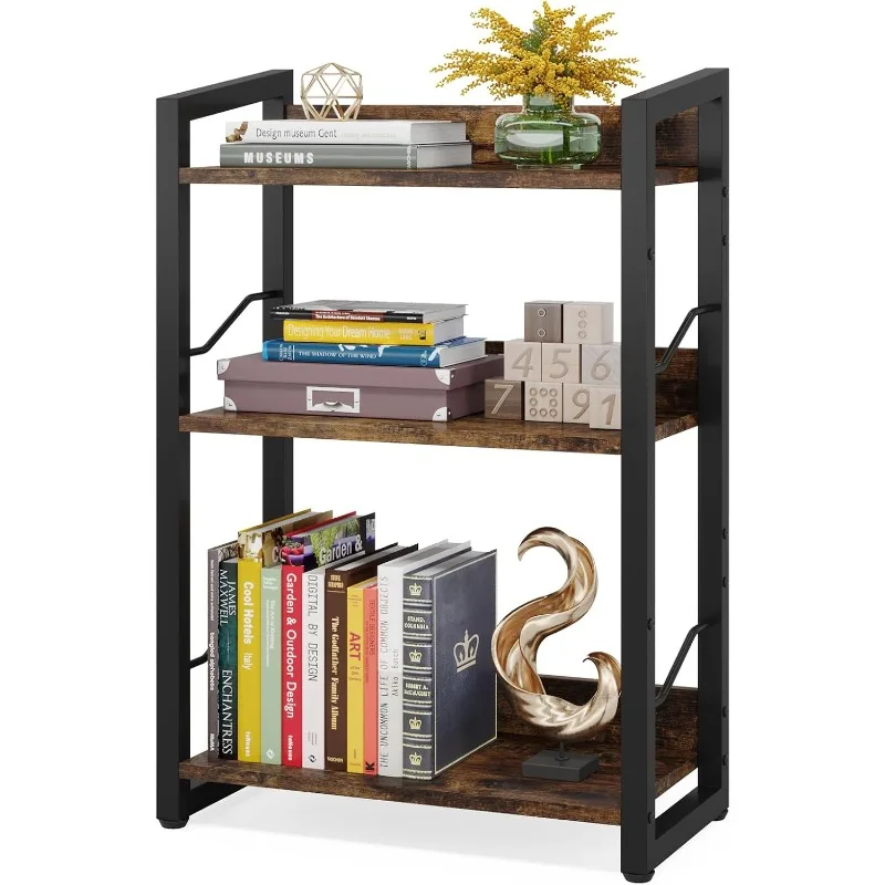 Book Shelf Small Bookshelf: 3-Tier Wood Bookcase Industrial Bookshelf with Edge Protection Metal Narrow Bookcase Storage