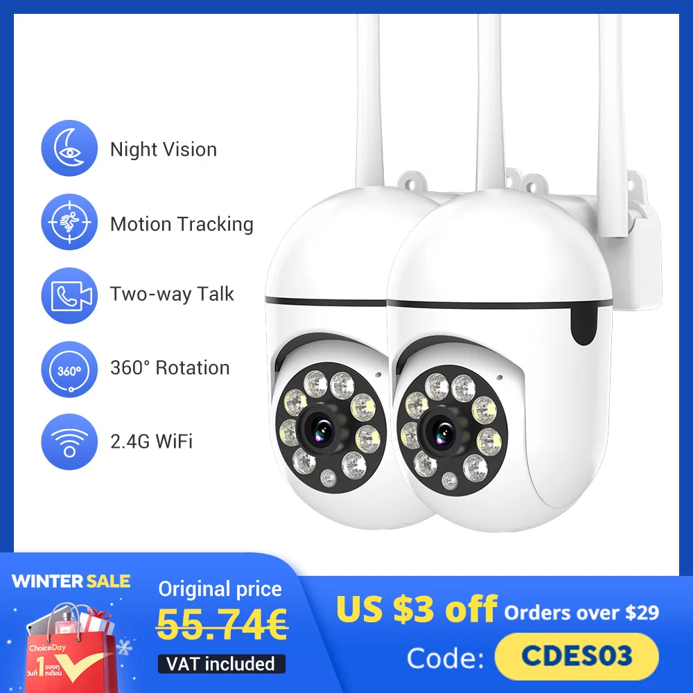 2PC Ease Life APP Wireless 1080P HD Indoor/Outdoor WiFi Security Camera, Color Night Vision, 2-Way Audio, 360° Pan/Tilt/Zoom, Mo