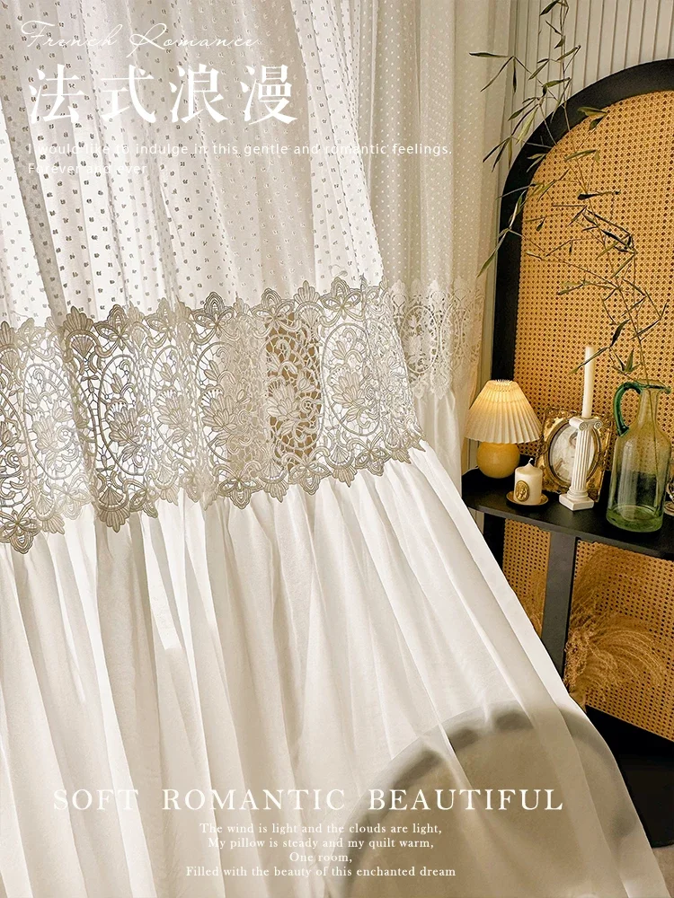 French White Lace Splicing Chiffon Screen Curtains for Living Room Partition Bedroom Balcony French Window Customized Tulle