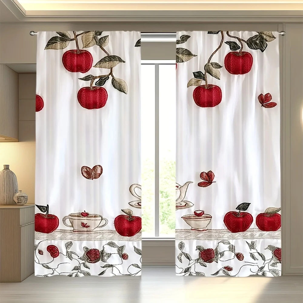 2PCS Digital Print Curtain, Apple Tea Cup Autumn Cozy, Fall Harvest Warm for Living Room Bedroom Kitchen Window Home Decor