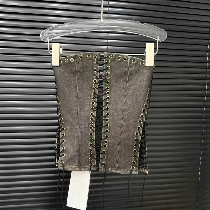 

Fashion Y2K Vintage Bandage Design Hollow Out PU Short Strapless Vest For Women Outwear High Street Tank Tops Female Tank Tops