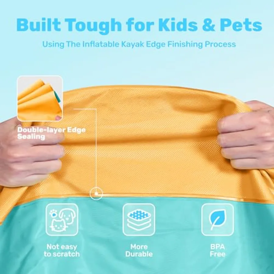 Outdoor water play mat for toddlers, kids, and dogs; thickened non-slip PVC; orange blue; durable splash pad sprinkler for back