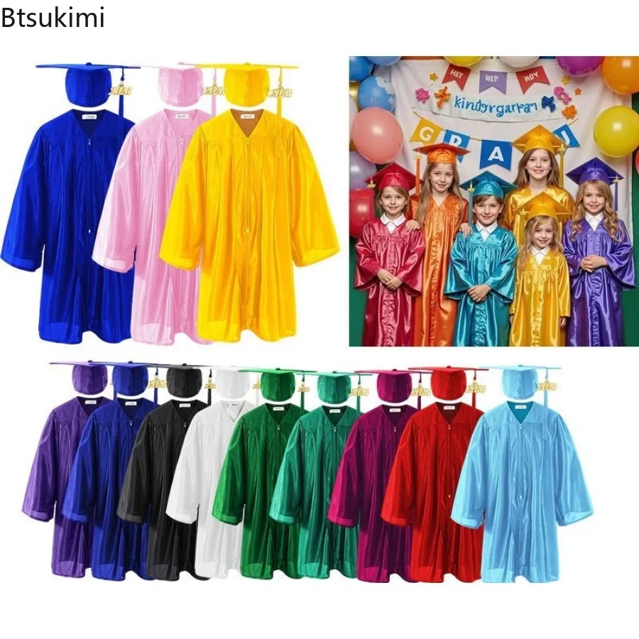 2026 Children Graduation Costume Kindergarten Bachelor Gown Academic Uniform Boy Girls Photography Performance Robe Hat Set Kids