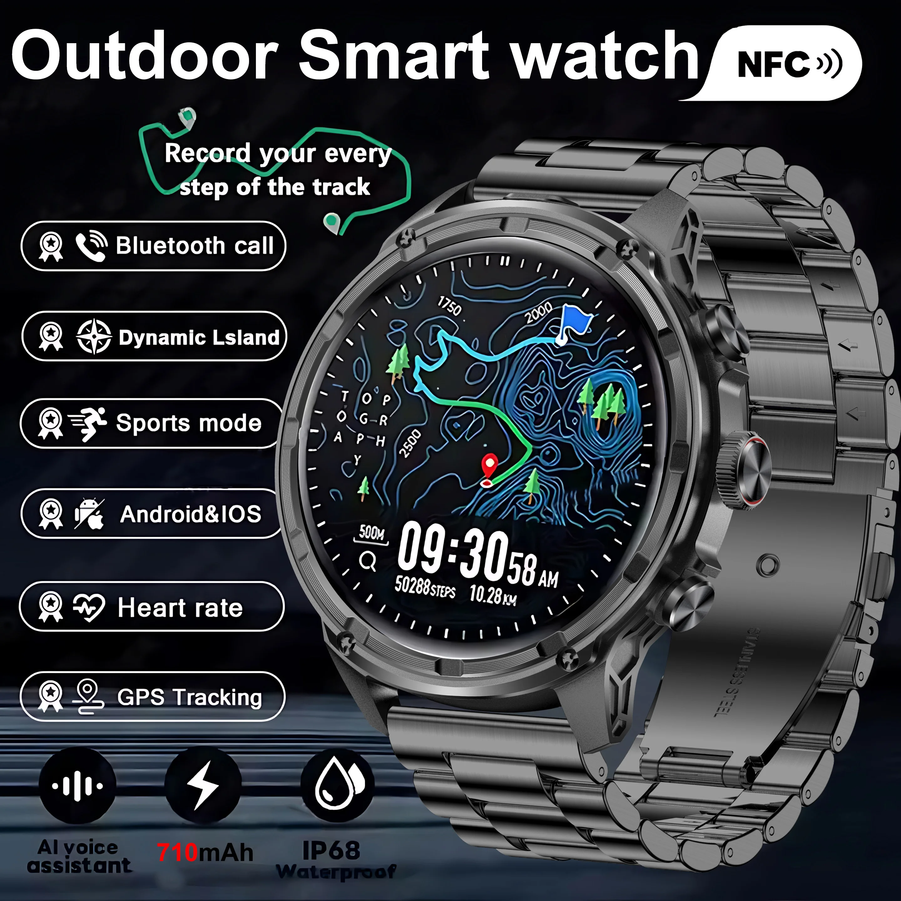 

2026 Новые модные уличные часы 710 мАч V99 GPS Компас Смарт-часы Спортивные мужские AMOLED 366*366 NFC Смарт-часы с пульсометром IP68