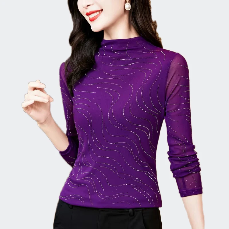 

New Autumn Long Sleeve Mesh T-Shirts Women Elegant High Stretch Turtleneck T-Shirt Bodycon Slim Tops Bottoming Shirts