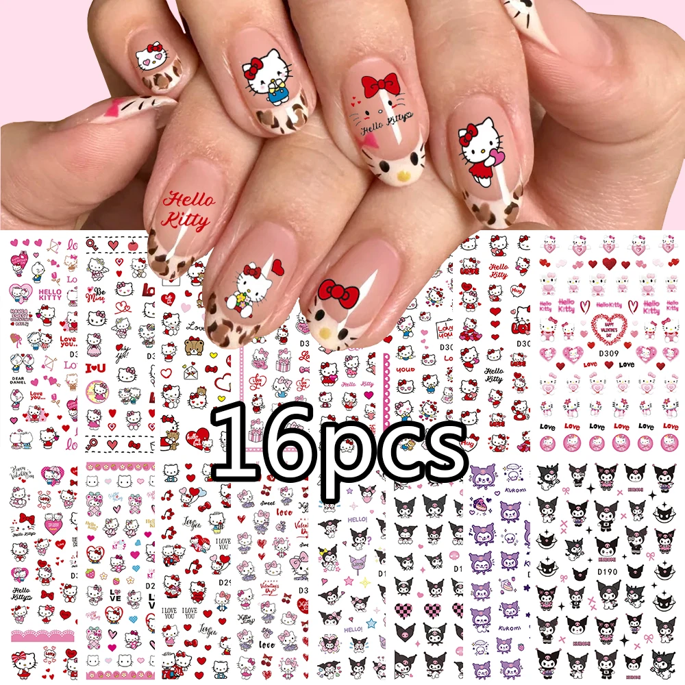 16pcs Red Love Hello Kitty Nail Stickers Set Multi-expression Kawaii Kitty Adhesive Sanrio Nail Decals Manicure Sliders For Girl