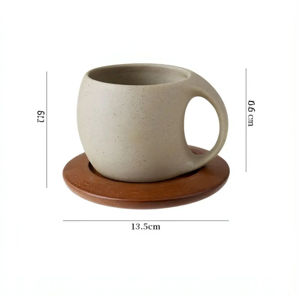 Modern Chinese Style Crescent Coffee Mug Set With Wood Saucer Retro Ceramic Tea Cup Unique Textured Stoneware Kitchen Mug