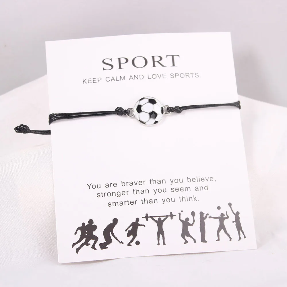 Sports Ball Charm Bracelet for Men Women Adjustable Black Wax Rope Basketball Soccer Baseball Inspirational Wish Card Good Gift