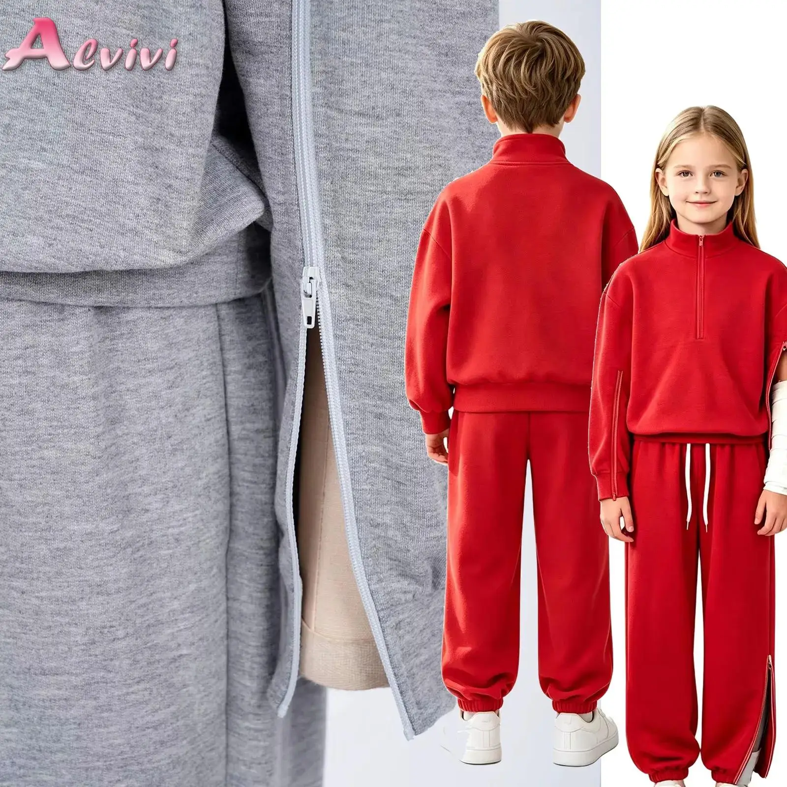 6-16 Yrs Kids Boys Girls Special Needs Adaptive Clothing Long Sleeve Zipper Top with Drawstring Elastic Waistband Pants Outfits