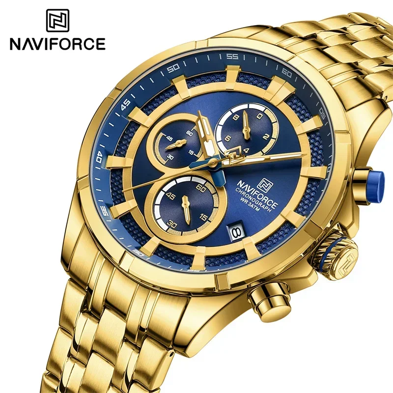 NAVIFORCE New 2024 Men Quartz Wristwatch Stainless Steel Strap Sport Luxury Waterproof Luminous Male Chronograph Watches