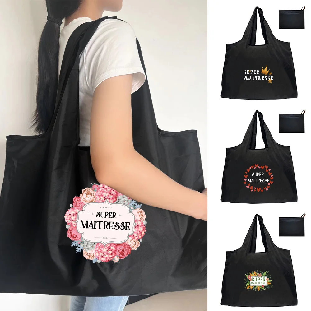 

Shopping Folding Pouch Handbags Picnic Storage Bag Large-Capacity for Travel Grocery Tote Beach Bag Super Maitresse Theme 2026