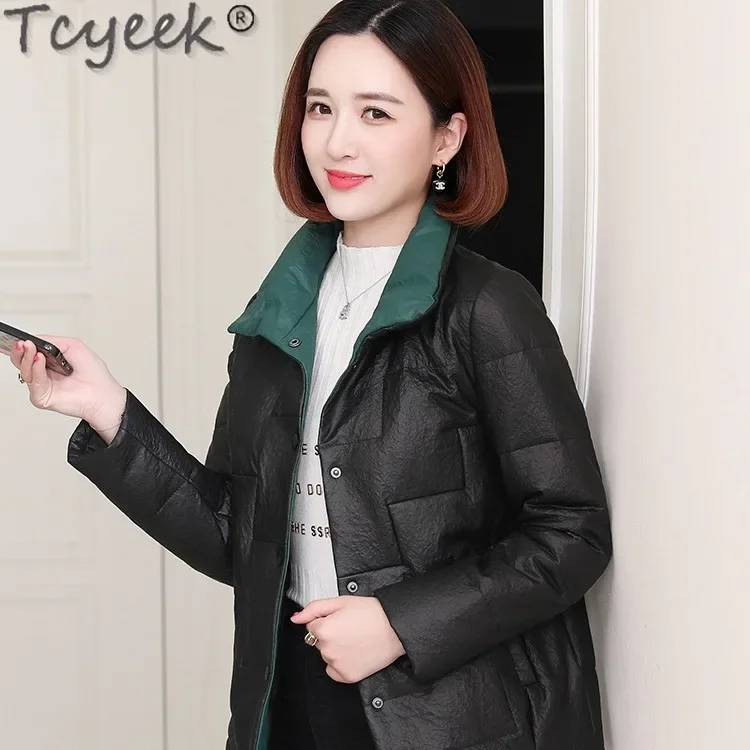 Tcyeek jaket kulit asli untuk wanita, jaket musim dingin kulit asli, jaket Down wanita pakaian Korea, mantel kulit domba