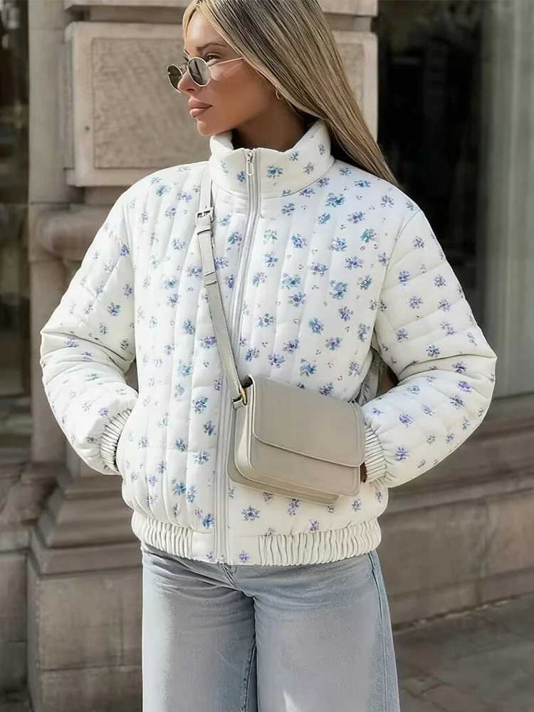 

Women Winter Jacket 2025 Winter New Fashion Floral Printing Long Sleeve Zipper Parka Coat Women Waterproof Warmth Leisure Coats