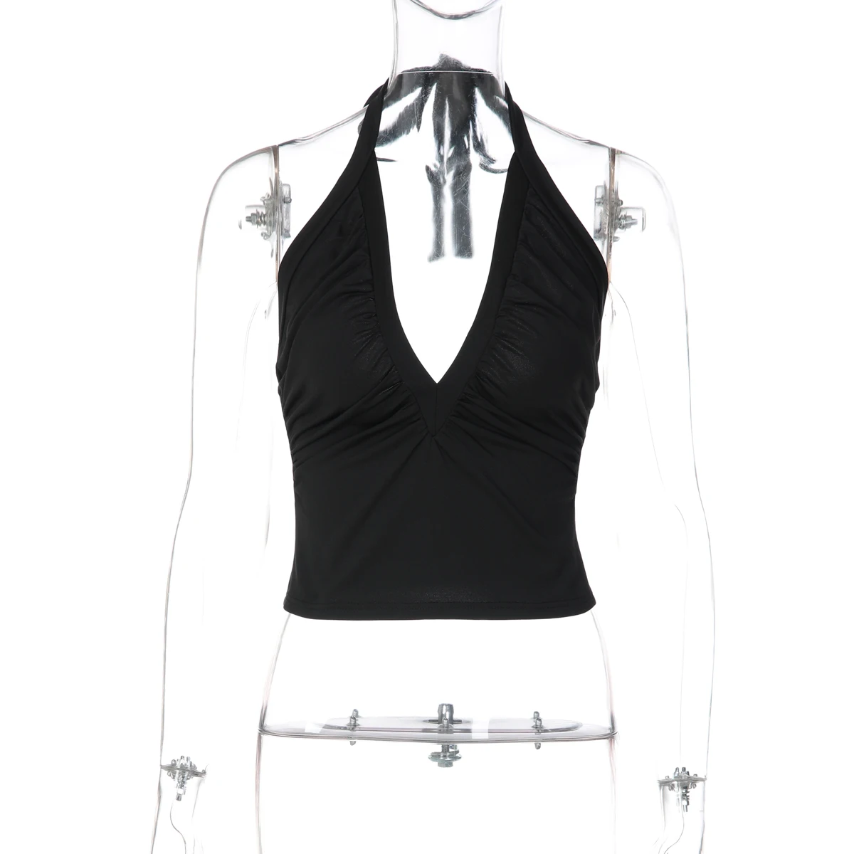 Hugcitar Neckholder V-Ausschnitt Einfarbig Rückenfrei Gerafftes Bandage Sexy Crop Tank Top Sommer Damen Mode Outfit Streetwear Party Club – Detail 2