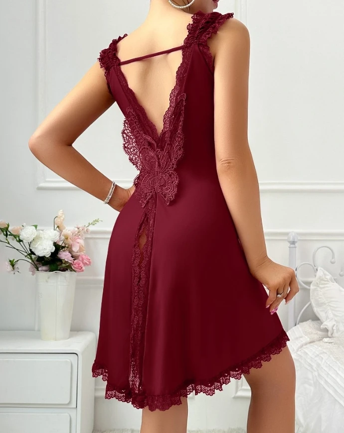 

Women's Fashion New Sleep Dress V Neck Contrast Lace Eyelet Embroidery Babydolls Sexy Backless Slit Sleep Dress