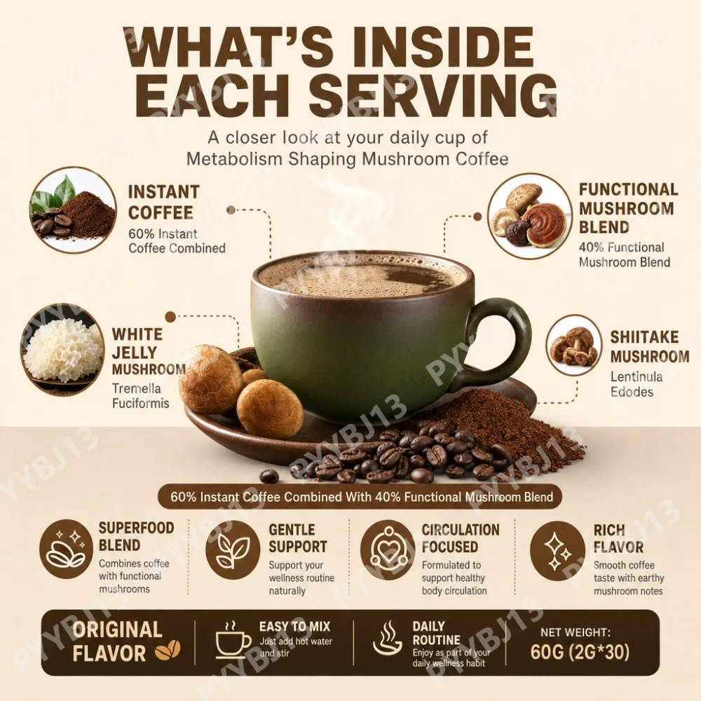 Googeer Instant Mushroom Coffee Powder with Black Coffee, Sweetened with Xylitol, Original Flavor, 30 Sachets, 2g Each, Net 60g - view 6