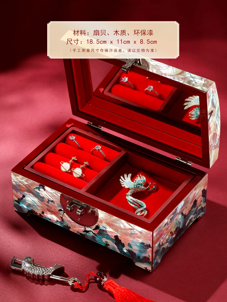 Handmade Lacquerware Jewelry Armoire in Walnut Wood Antique Storage Case with Velvet Lining & Lock Lunar New Year Business Gift