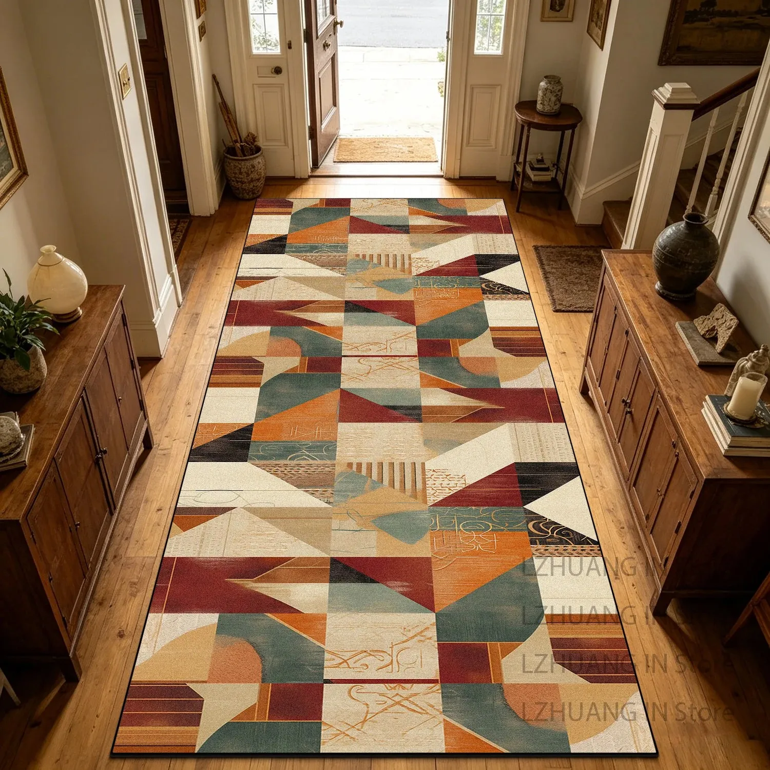 VIKAMA Retro Geometric Runner Rug Non-slip Washable for Hallway Stairway Doorway Home Decor