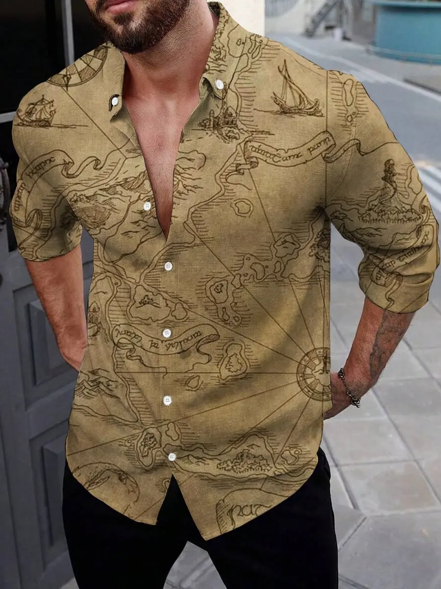 

Fashionable new 3D printed ocean art design pattern men's linen long sleeved button comfortable lapel oversized casual shirt top