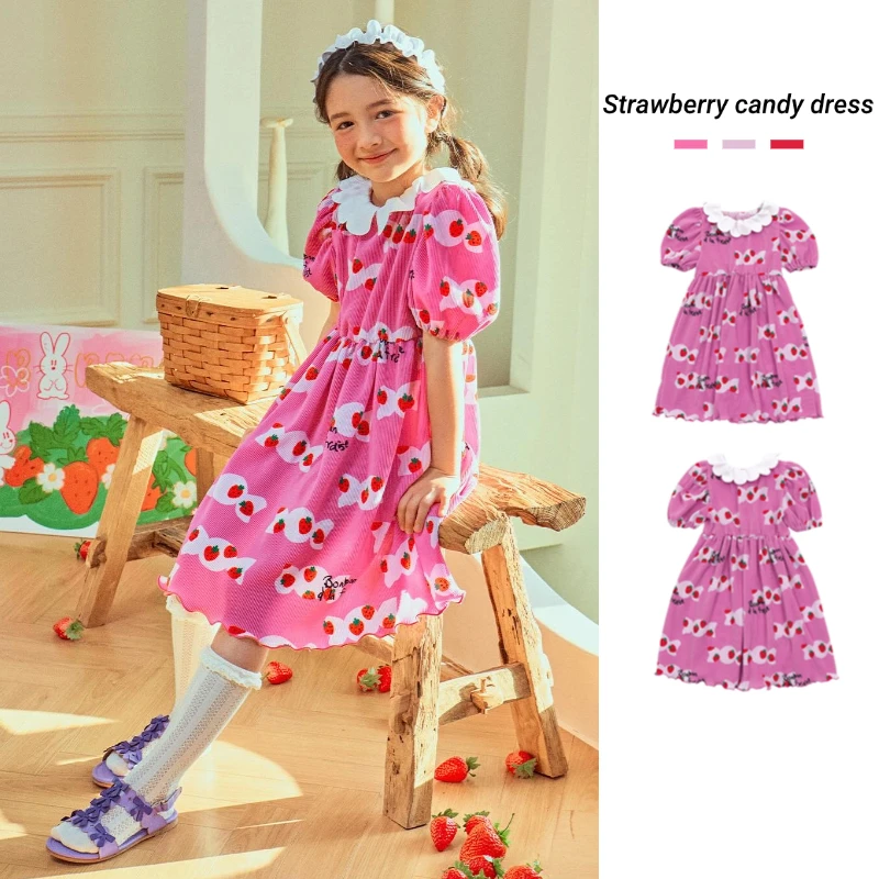 Korean Style Floral Printed Princess Dress for Girls Spring Summer Short Sleeve Baby Girl Party Skirt Presale 2025 New Arrival