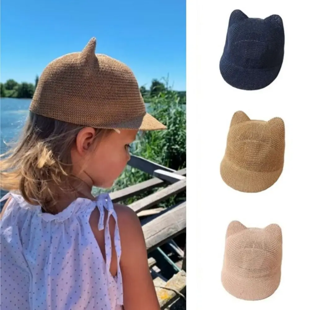 

Новая милая соломенная шляпа с кошачьими ушками, полая дышащая пляжная кепка, солнцезащитные козырьки, фуражка для малышей 2–5 лет
