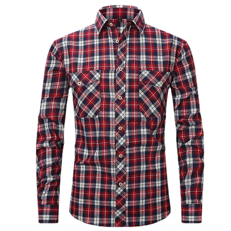 Spring and Summer Trendy Men's Shirt Plaid Pocket Casual Wear Men's Slim Shirt Autumn Woolen Cardigan