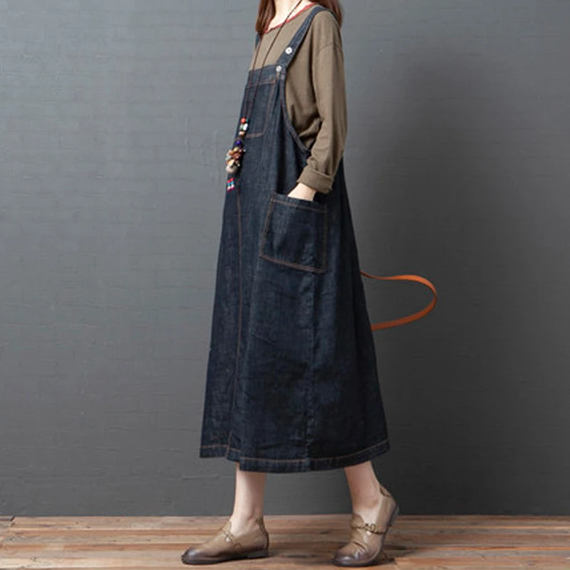 فستان دنيم فضفاض بحمالات للنساء، تصميم كوري جديد لخريف هذا العام، مقاسات كبيرة، طول متوسط، يغطي الجسم ويمنح مظهراً أنحف