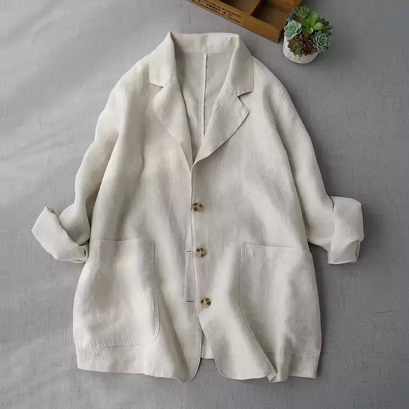 Comfortable Linen Suit Thin Jacket For Women\'s Spring Summer New Loose Fitting Clothing Simple Casual Versatile Blazer Top K1162