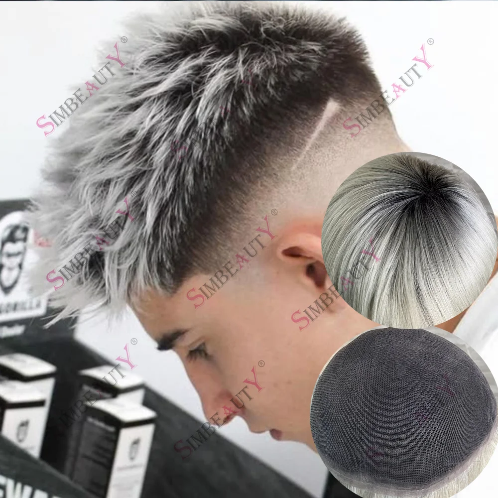 

Мужской парик-накладка Full Swiss HD Lace Toupee 1bt60r # Система замещения волос Black Roots Capillary Prothesis Ombre Platinum: накладки для седых волос