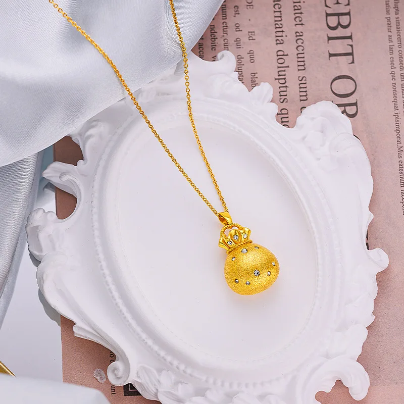 Women Antique Style Brushed Dot Diamond 9999 24K Real Gold Flash Small Lucky Bag Pendant Moissanite Brushed Money Bag Necklace