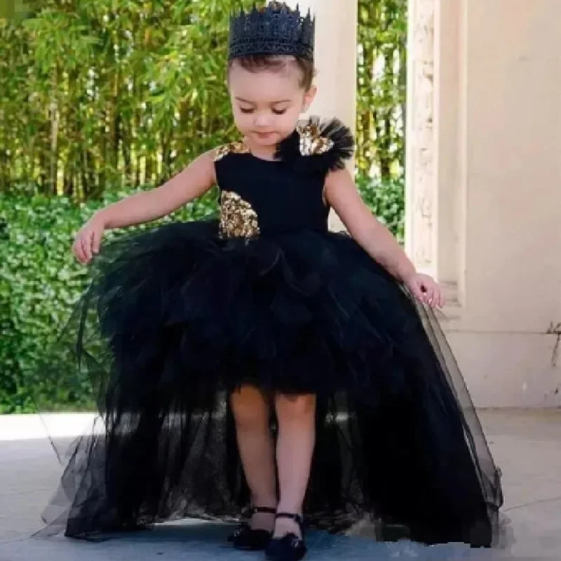 

Lovely Black Flower Girl Dresses High Low Girls Pageant Gowns with Gold Sequins Tulle Baby Birthday Party First Communion Gown