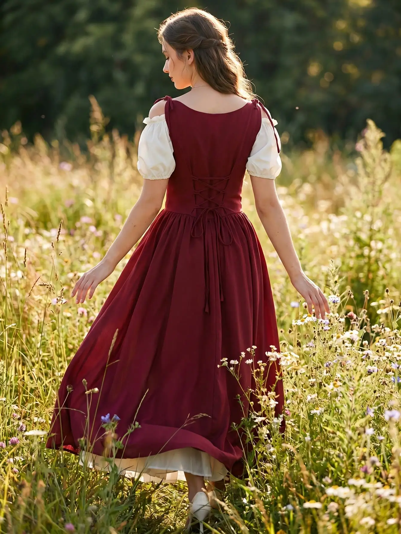 Mittelalterliches Renaissance-Maxikleid, schulterfrei, mit Puffärmeln, Schnürkorsett, Vintage-Stil, für Schlosspartys, Cosplay, langes Kleid – Detail 2