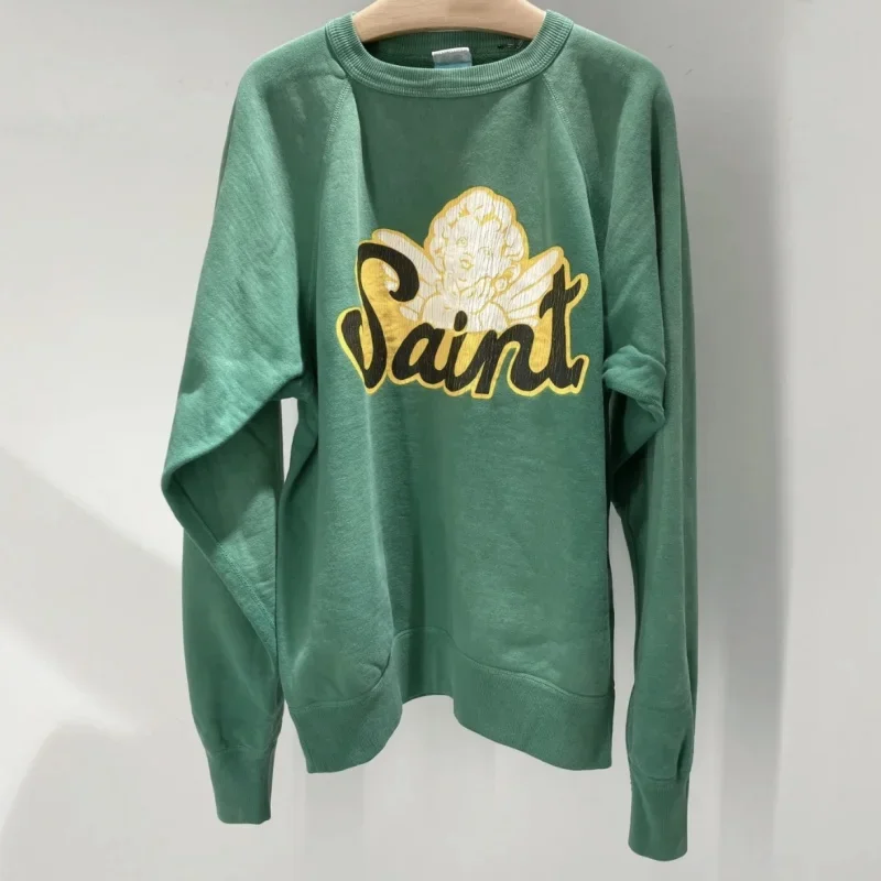 Vinatge Street Green 1:1 Quality Saint Round Neck Pullover Angel Crack Print Oversized Men Tops Casual Loose Women Sweatshirts