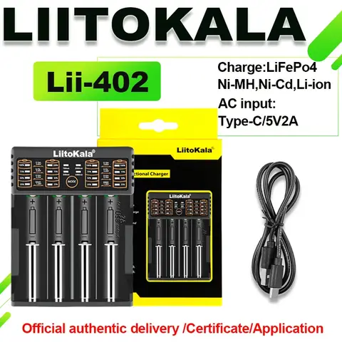 LiitoKala Lii-402 3.7V 3.85V Li ion 1.2V Ni MH 3.2V LiFePO4 rechargeable 0.5A 1.0A 2.0A Smart Charger USB output 1000mA Lii-202