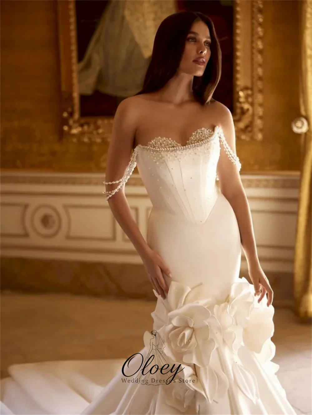 OLOEY Customized Romantic Sweetheart Collar Beading Bridal Gown Off The Shoulder Satin 3D Floral Mermaid Wedding Dresses