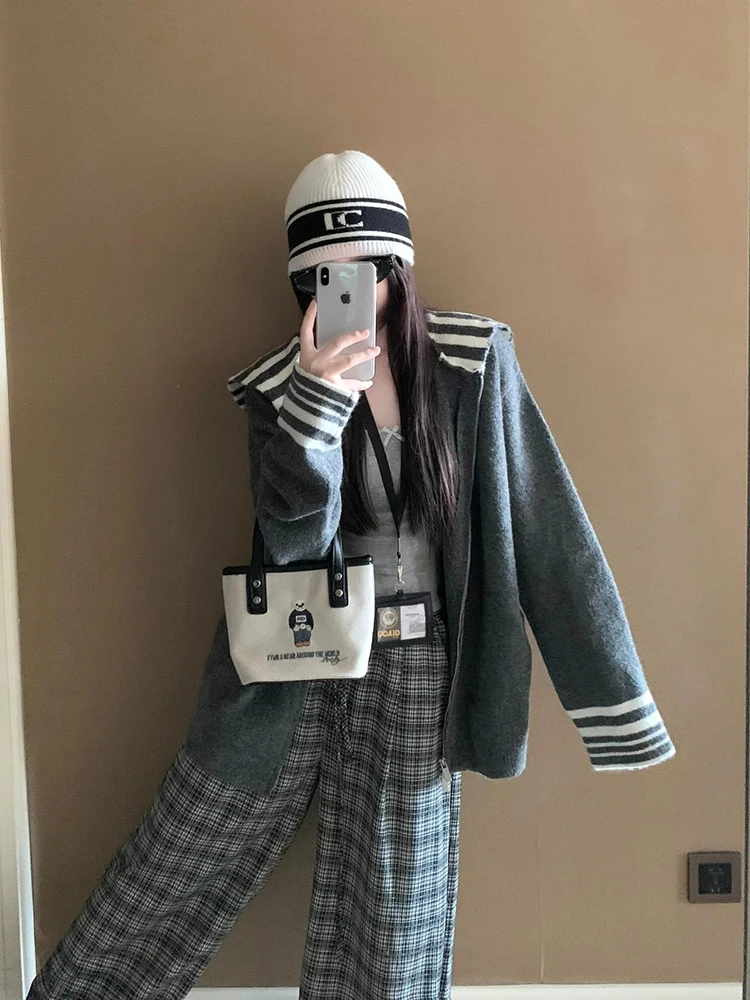 

ay Striped Naval Collar Sweater Coat Women's Loose Fit Slimming Top Spring Open Cardigan Commute Sle Long Sve Zipper