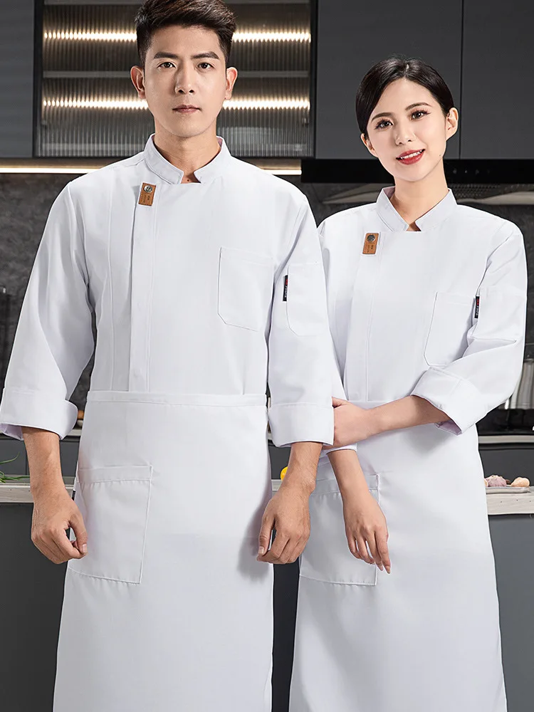 Jaqueta de chef de hotel com avental, uniforme de chef masculino de manga completa, casaco de cozinheiro de restaurante, camiseta de chef, uniforme de trabalho, roupas de garçom, logotipo