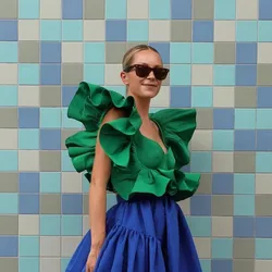 Special Desingn Green Tops Women Ruffle Blouse Shoulder Satin Chic Short Top Summer Sweetheart Custom Made