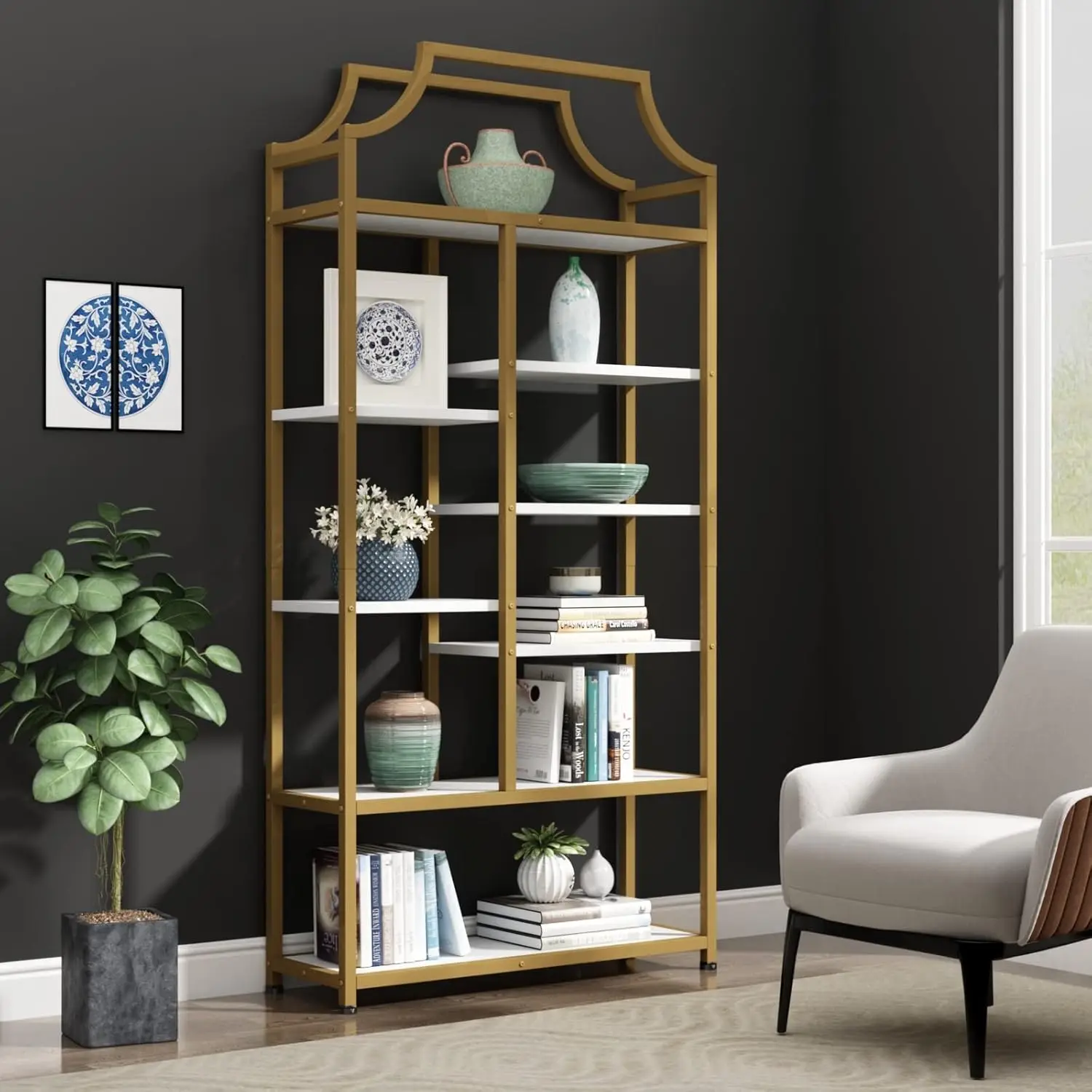 

Umail Furniture 70,87 дюйма H x 31,5 дюйма L Lux Etagere, высокий дисплей для хранения, современная открытая книга для спальни