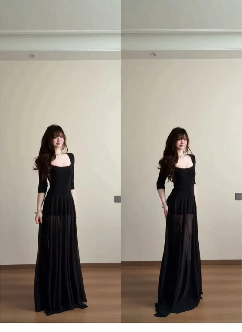 

Черное трикотажное платье с квадратным вырезом и вставками, облегающее бедра, весна-осень, женское, элегантное, приталенное, цельное, красивое платье