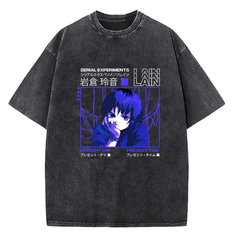 Camiseta lavada Vintage Lain de experimentos en serie de Anime japonés, camiseta de Manga corta de alta calidad a la moda para mujer