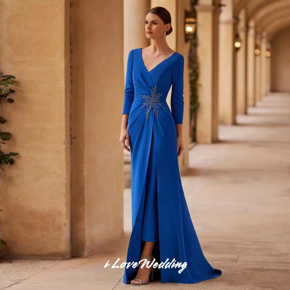 

Royal Blue V-Neck Evening Dresses 2025 3/4 Sleeves Crystal Mermaid Floor-Length Side Split Pleated Party Dresses Customized
