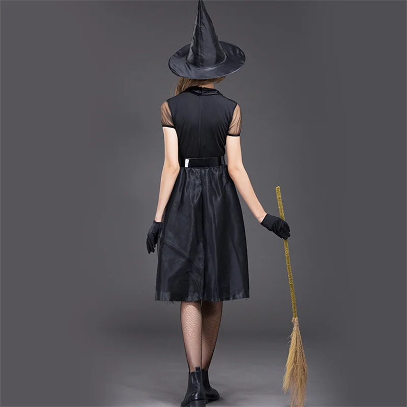 Ladies Black Witch Dress Sexy Women Halloween Magic Costume Carnival Masquerade Game Gothic Mesh Dress With Witch Hat