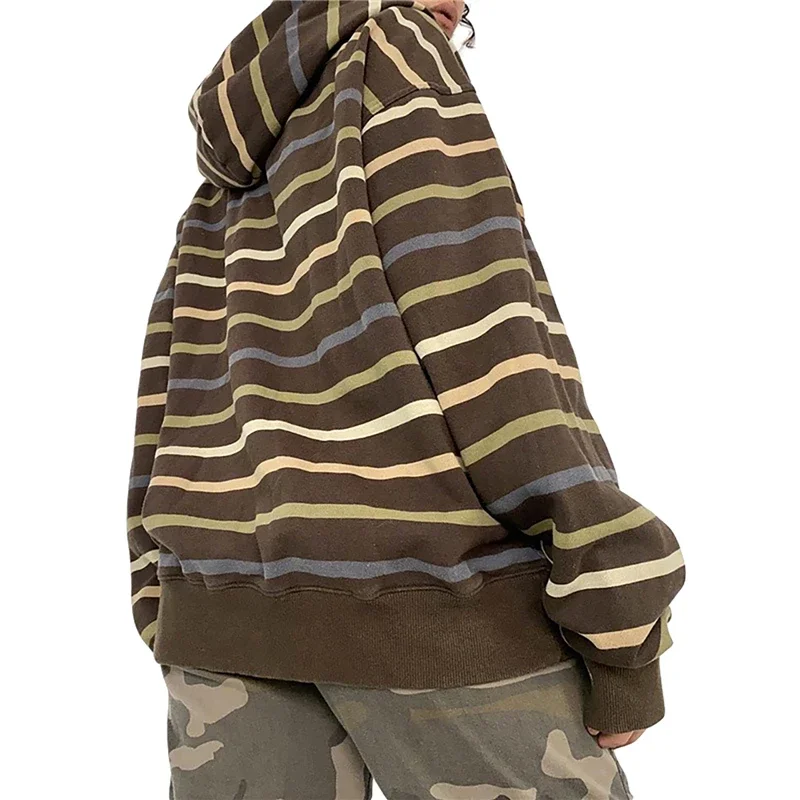 Ästhetisches Sweatshirt, gestreift, langärmelig, Tops mit Taschen, Kapuzenpullover für Damen, Grunge Emo, Y2K-Kleidung, Streetwear