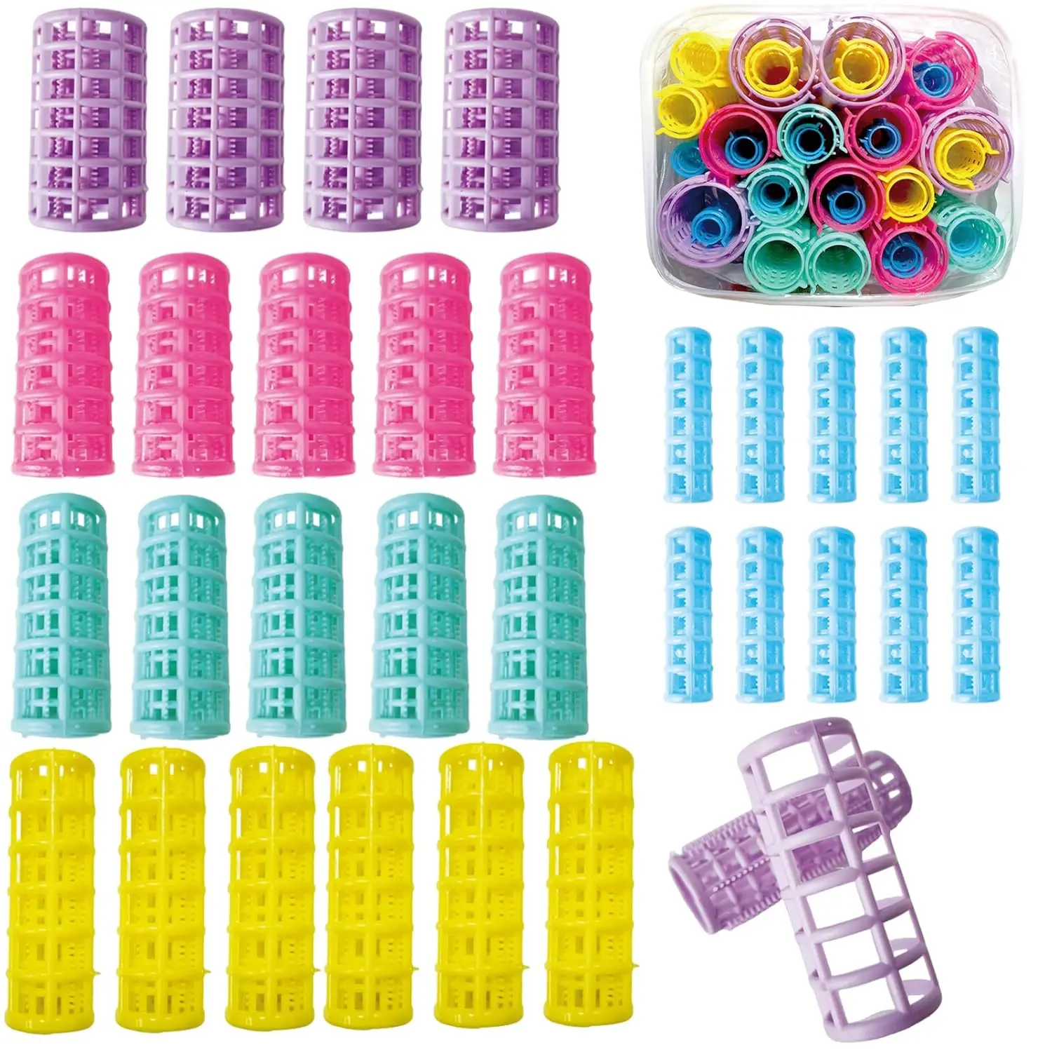 

30pcs Plastic Hair Curlers, Snap on Rollers, No Heat, 5 Sizes for Short Fine Hair, DIY Styling