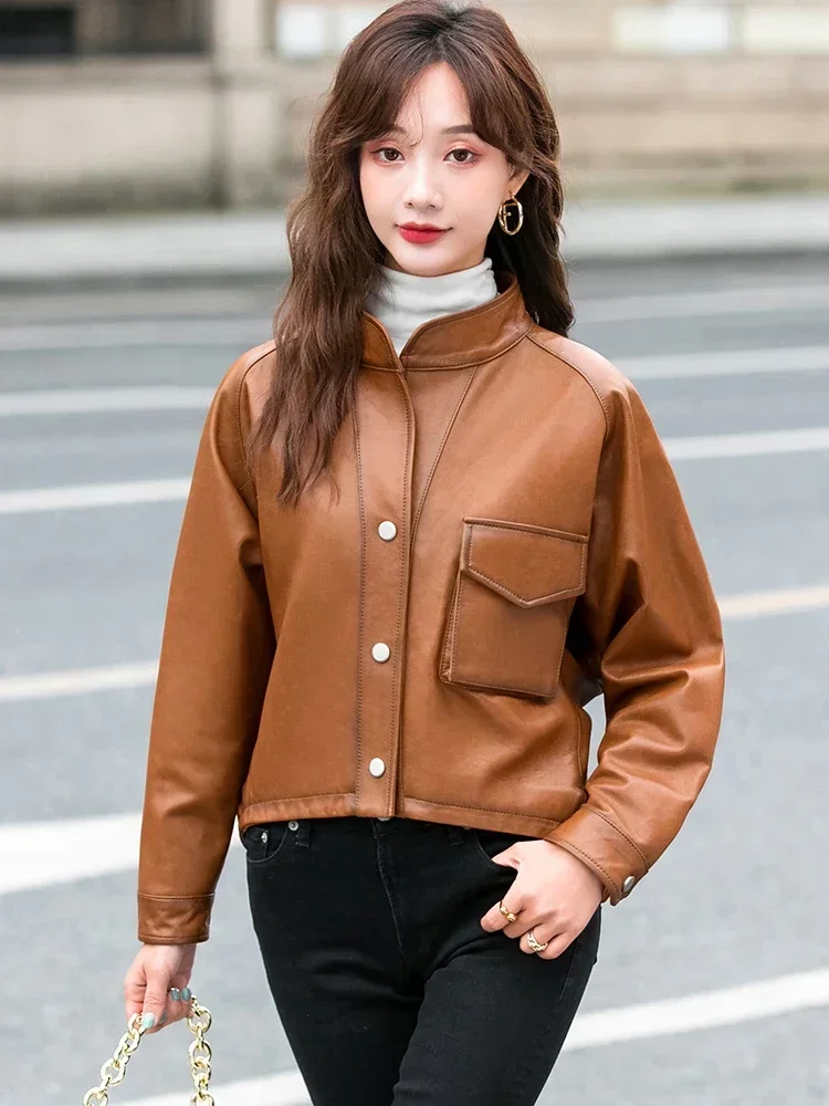 Genuine Leather Jacket Women 2024 Short Real Sheepskin Leather Coat New Fashion Spring and Autumn Leather Jackets Stand Collar