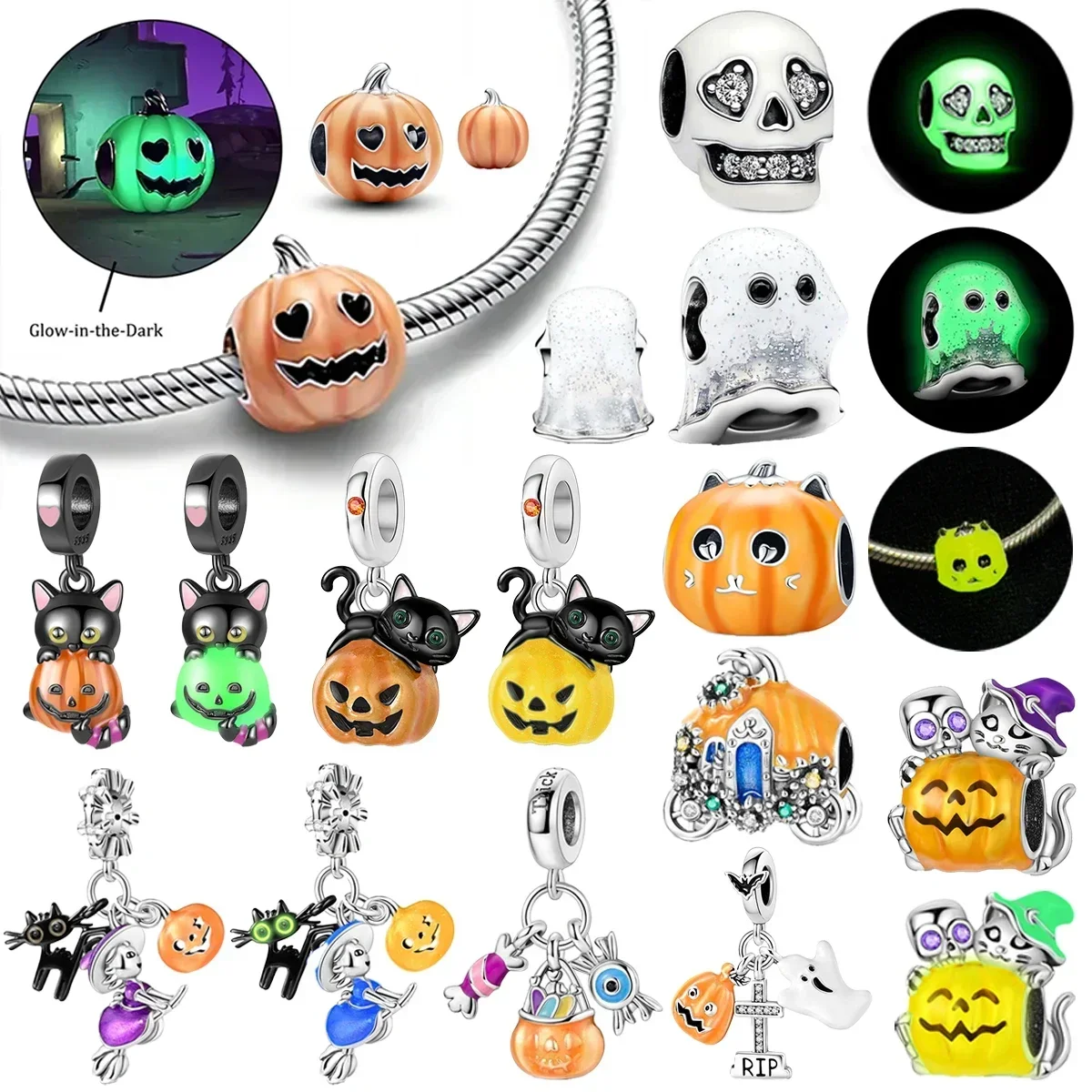 

Original 925 Sterling Silver Luminous Beads Charms Pumpkin Ghost Skull Witch Candy for Pandora Bracelet Jewellery Halloween Gift