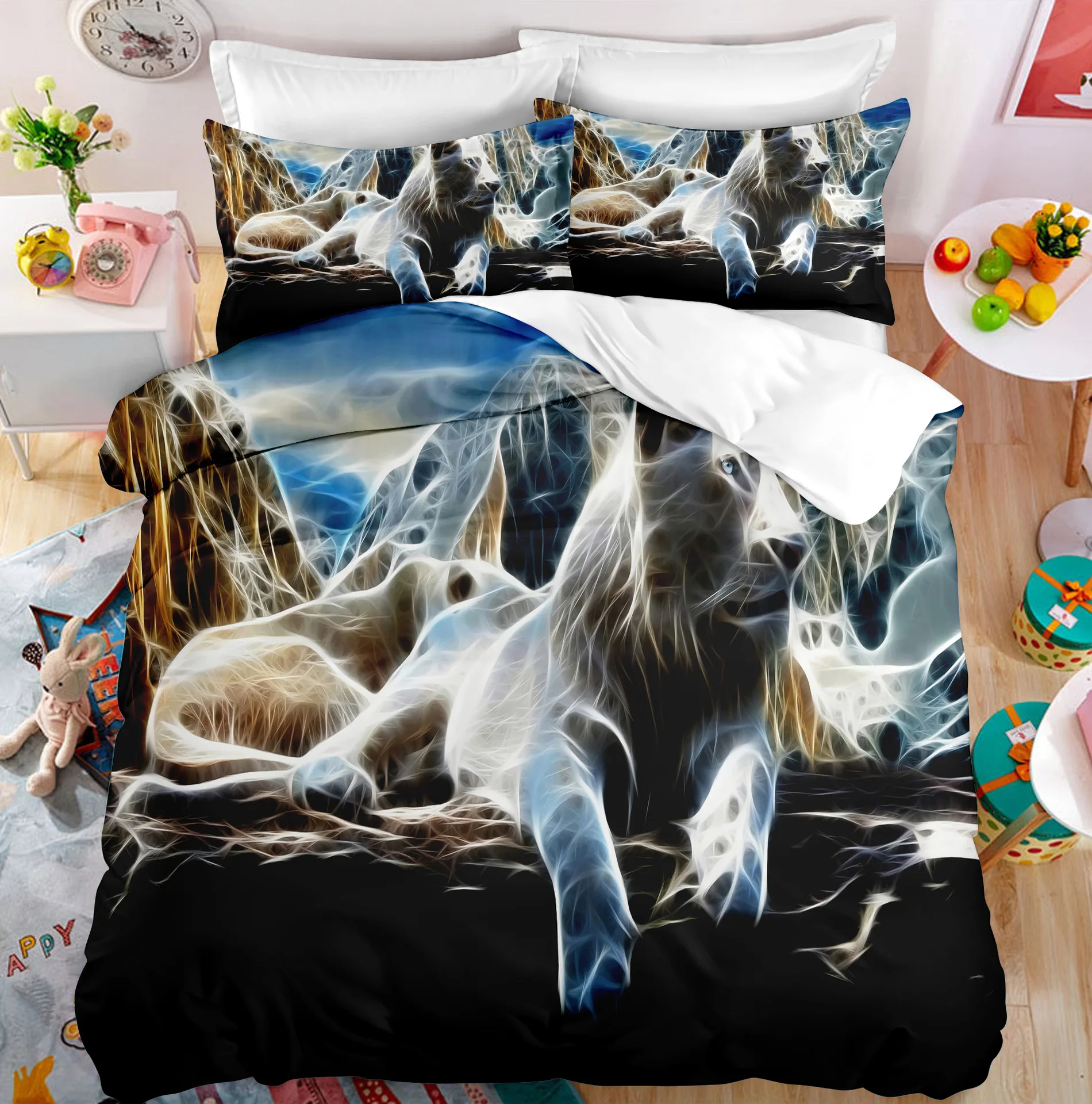 Lion Duvet Cover Set Roaring Lion White Wild Animals Polyester Comforter Cover King Queen Size for Kids Adults Teen Bedding Set