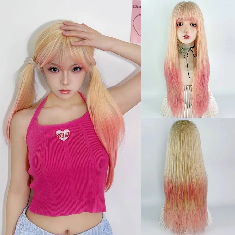 

Synthetic Ombre Blonde Pink Long Straight Women Wig Fluffy Lolita Cosplay Heat Resistant Wig for Daily Party