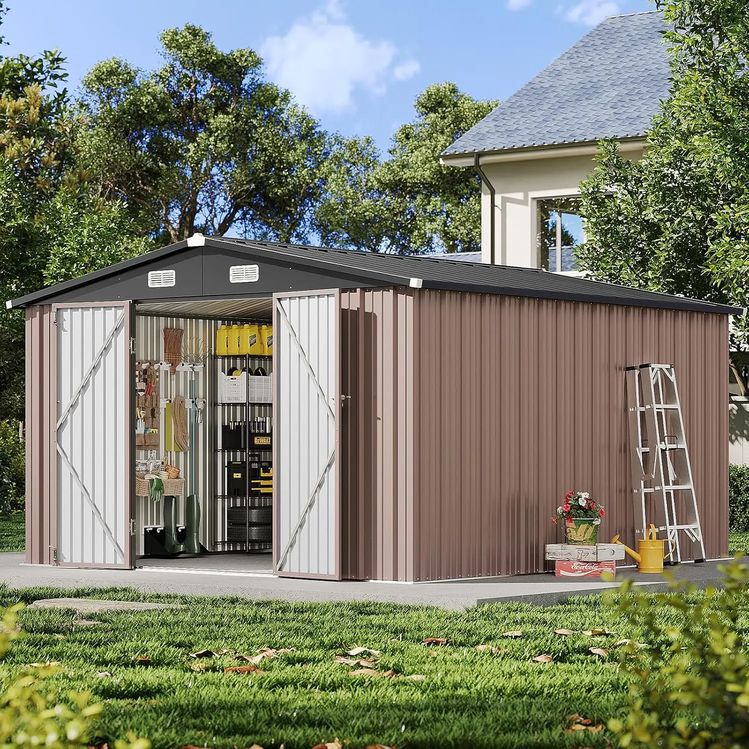 10x12FT Metal Storage Shed with Lockable Doors & Sloped Roof, Weather-Resistant Tool Shed for Backyard Patio, Customized